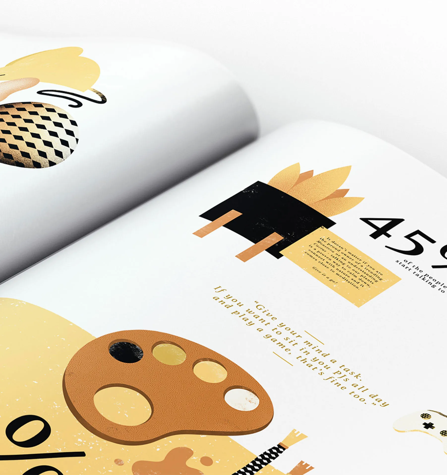 Eine aufgeschlagene Zeitschrift mit Illustrationen und Text