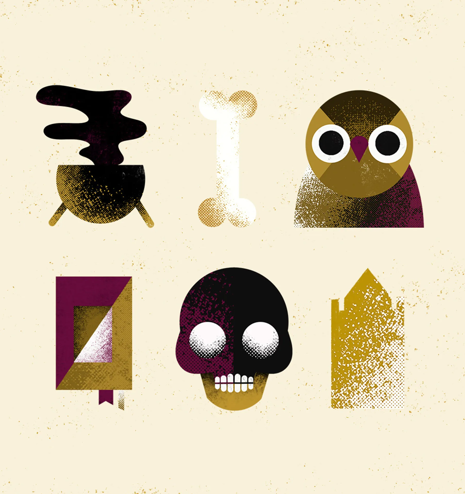 Illustrationen einer Eule, eines Totenkopfes, eines Kessels und eines Knochens
