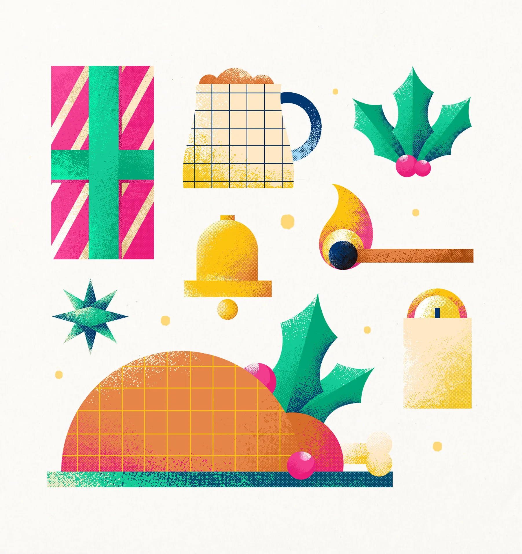 Zeichnungen eines Truthan Bratens, einer Kerze, eines Geschenks und eines Streichholzes