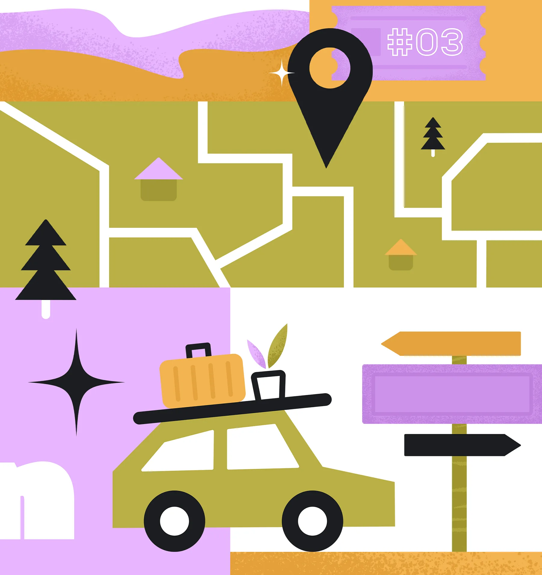 Illustrierte Landschaft mit Auto und Landkarte