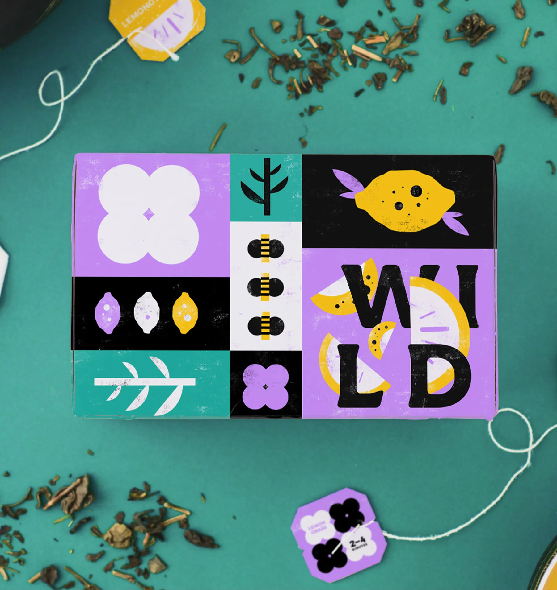 Eine Teeverpackung mit Zeichnungen und Text in Gelb, Grün und Lila