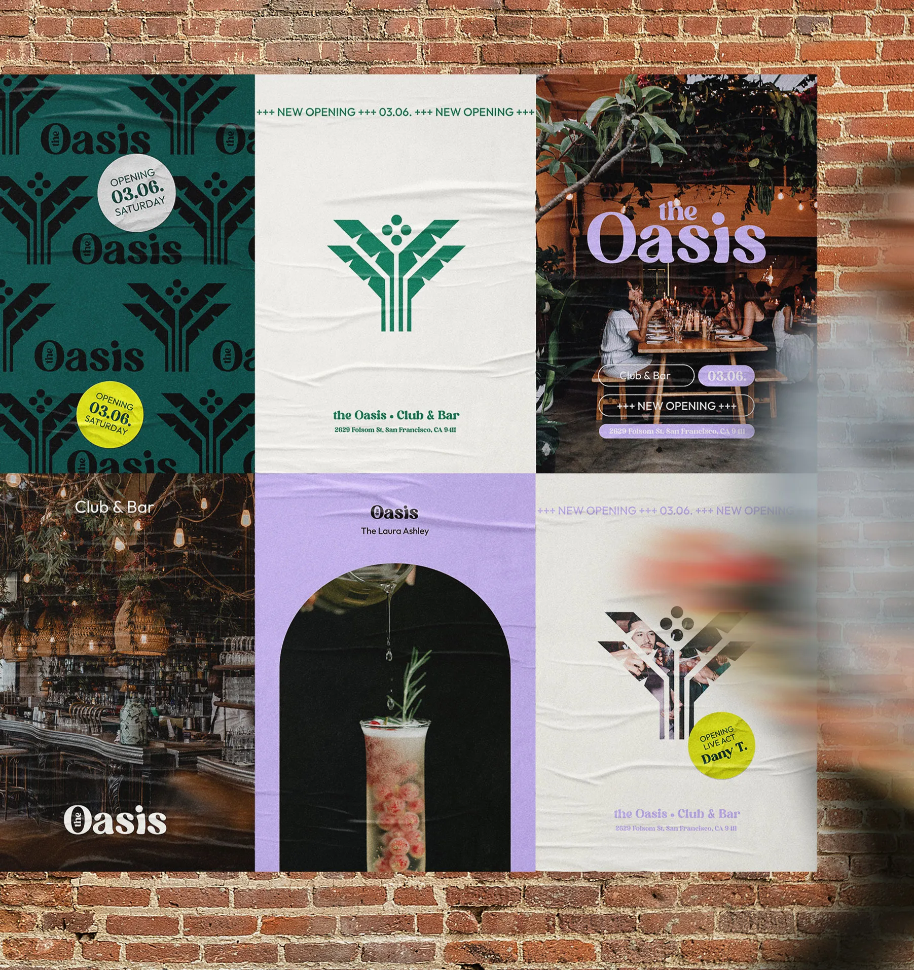 Eine Wand mit Postern die für eine Bar werben