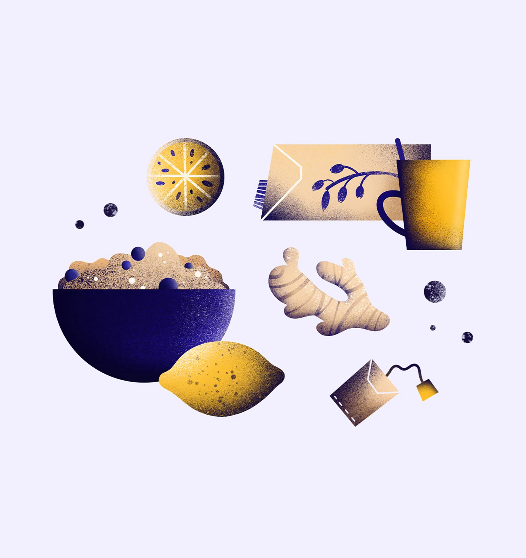 Zeichnungen von Ingwer, Müsli und Zitrone