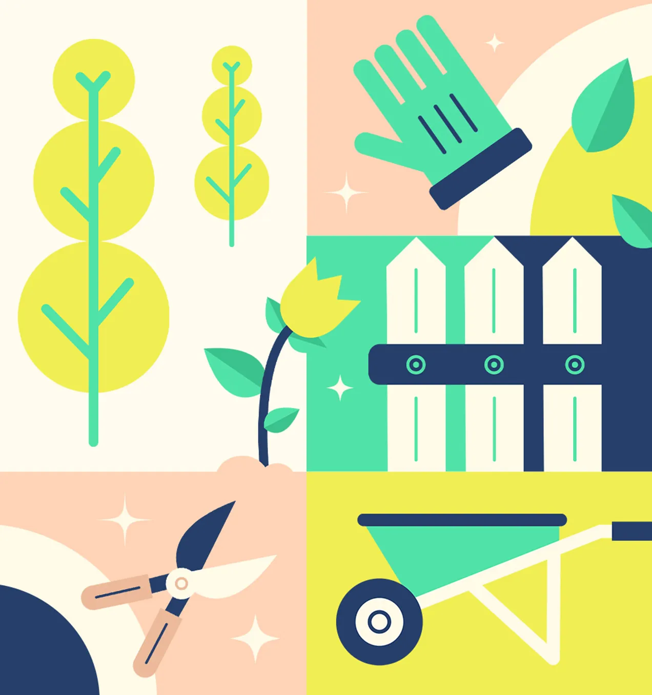 Zeichnung von Gartenarbeit in Gelb, Blau und Türkis