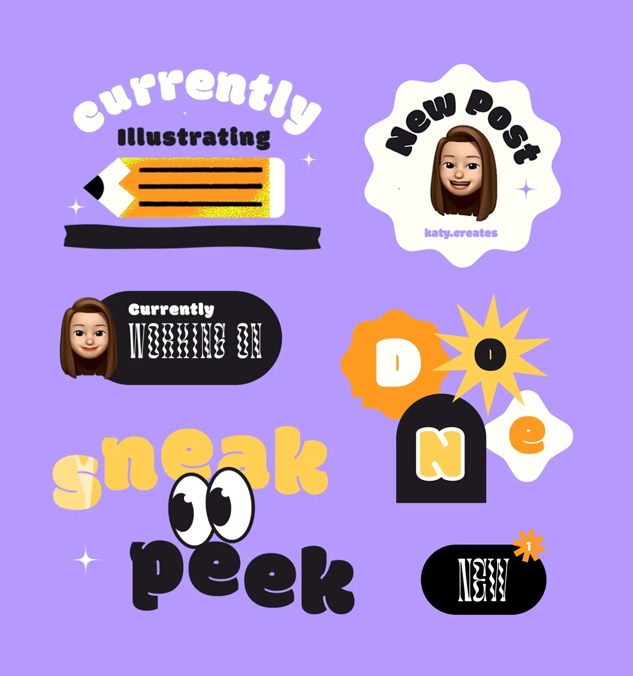 Verschiedene GIF Sticker auf lilafarbenem Hintergrund