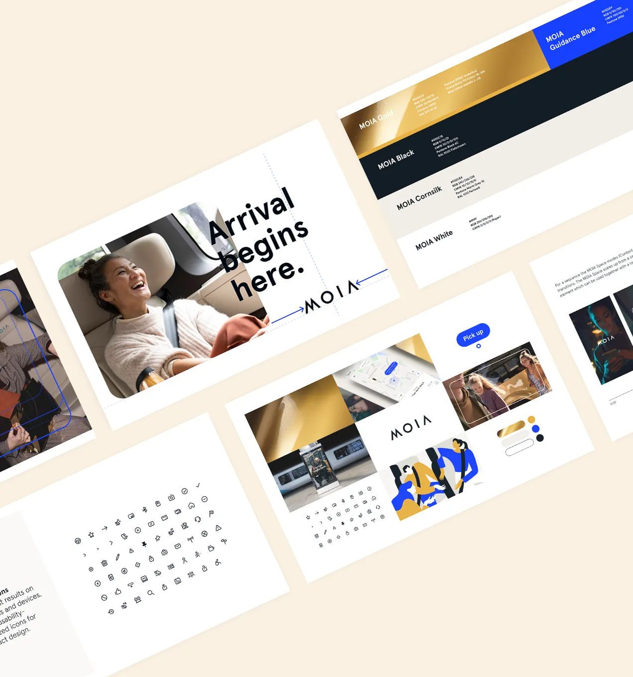 Mehrere Seiten mit Fotos, Text und Icons