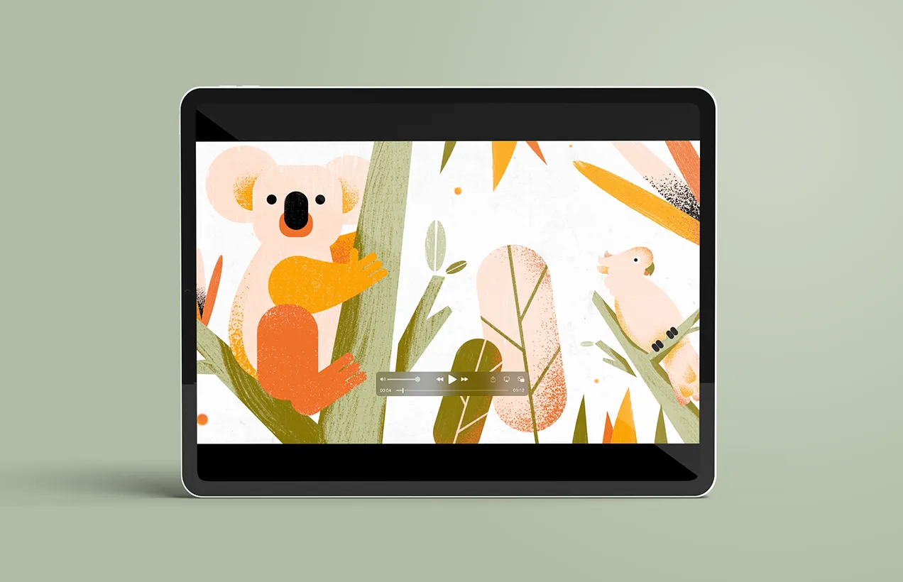 Ein Tablet das eine Zeichnung von einem Koala und einem Kakadu zeigt