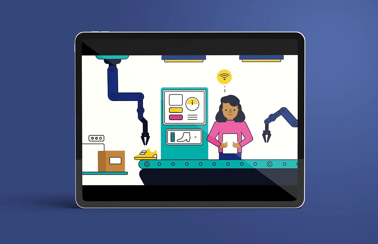 Ein Tablet das eine Zeichnung von einer Frau an einem Fließband zeigt