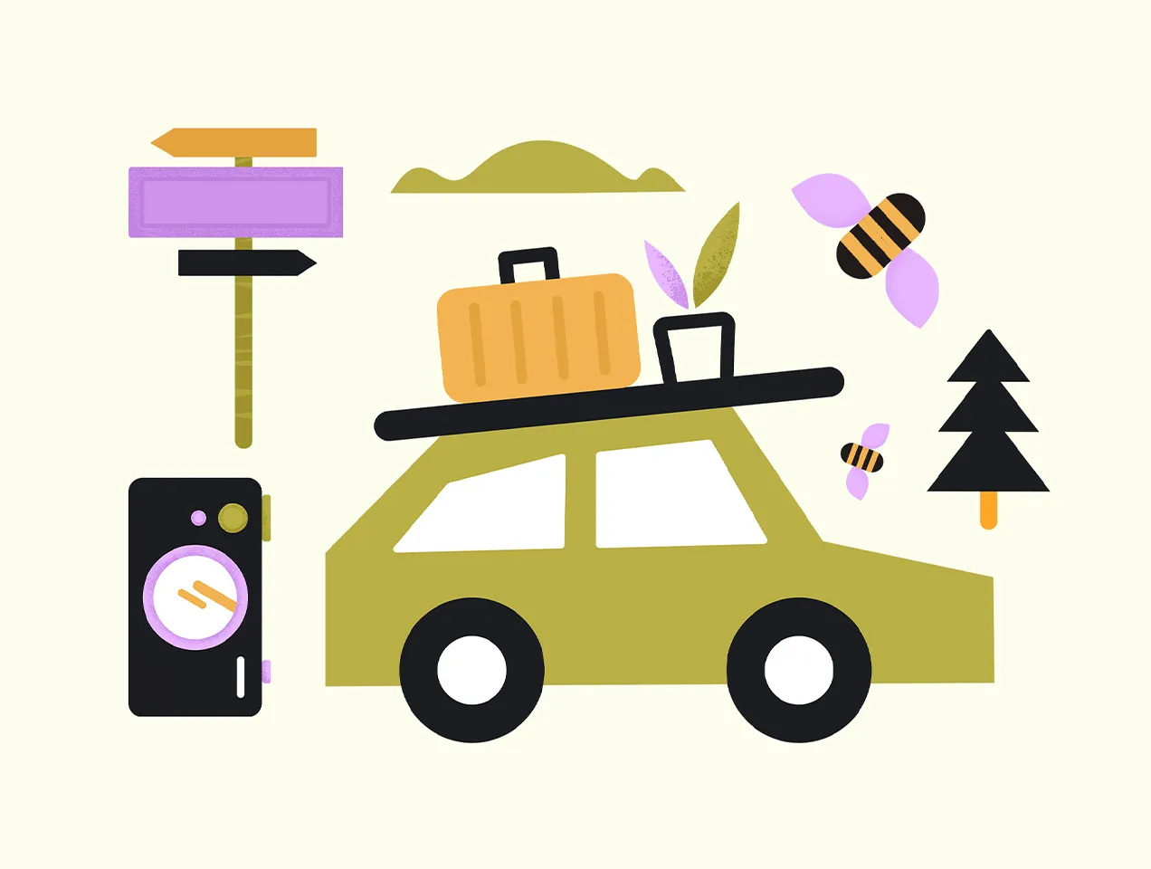 Illustrationen von einem grünen Auto und Bienen auf beigem Hintergrund