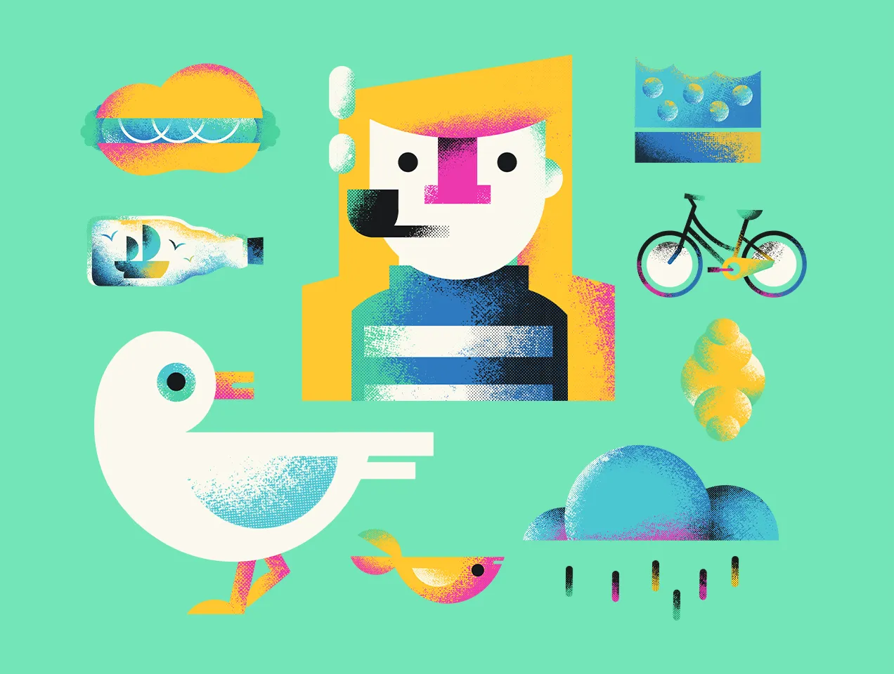 Illustrationen von einer Möwe, einem Schiff, einem Seemann, einem Fisch und einer Wolke auf türkisem Hintergrund