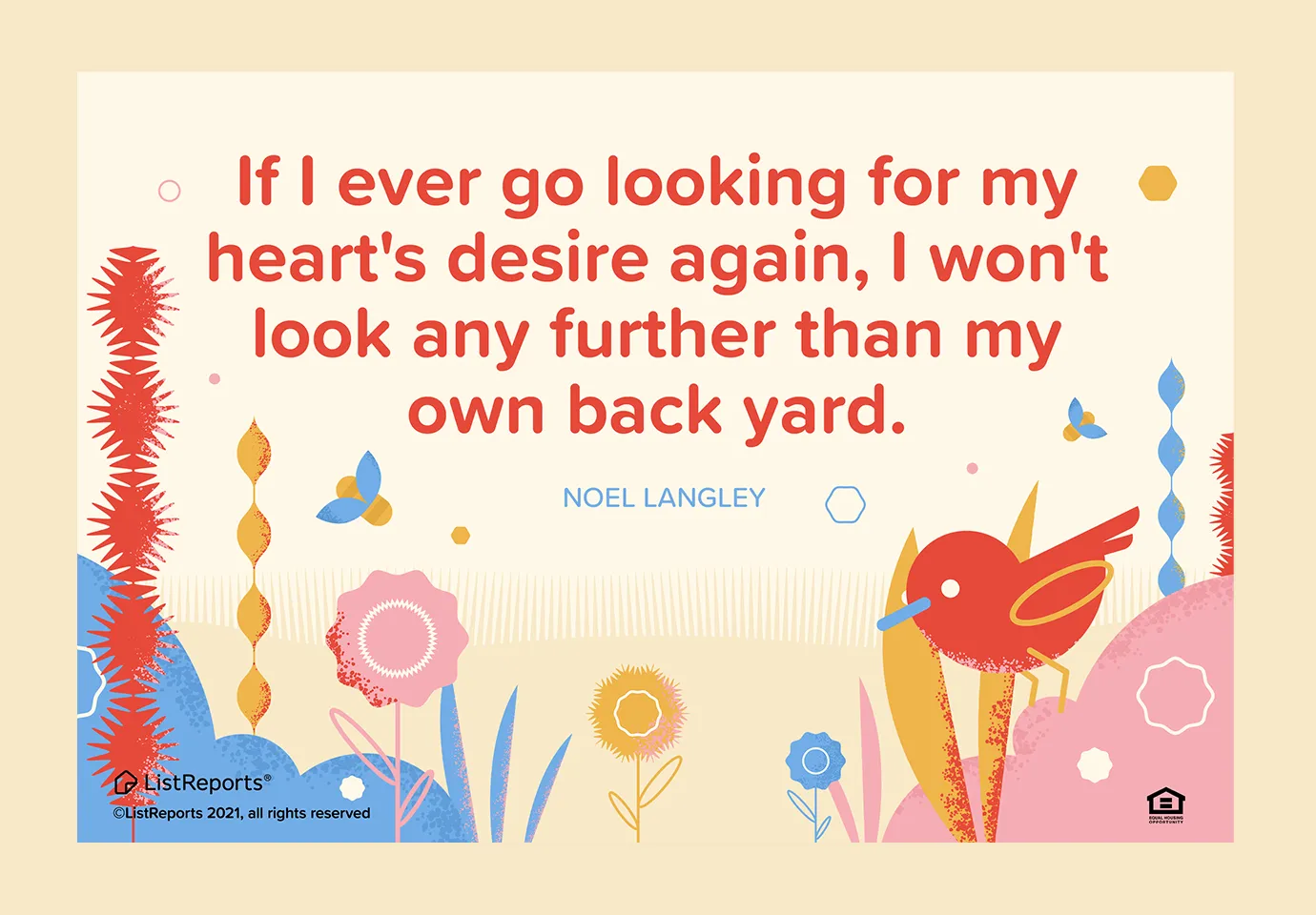 Illustration eines Gartens mit Pflanzen, Bienen und einem Vogel