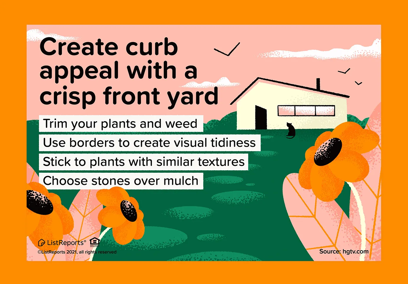 Illustration eines Gartens mit einem Haus im Hintergrund