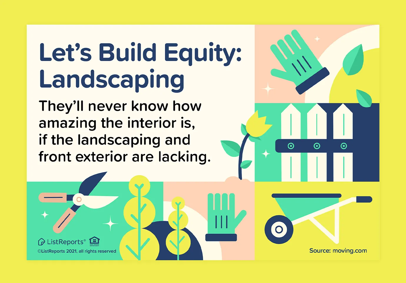 Illustration einer Gartenschere, einer Schubkarre, einer Tulpe und eines Gartenhandschuhs