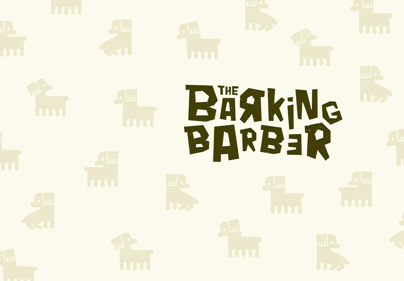 Ein Logo für einen Hundefriseur umgeben von Illustrationen eines Hundes