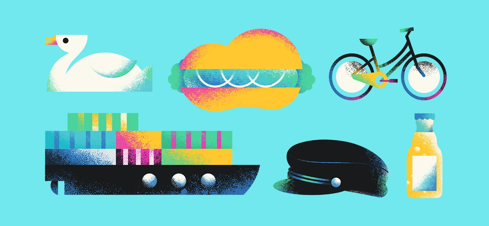 Illustrationen eines Schwans, eines Fischbrötchens, eines Containerschiffs, eines Fahrrads und einer Bierflasche vor blauem Hintergrund