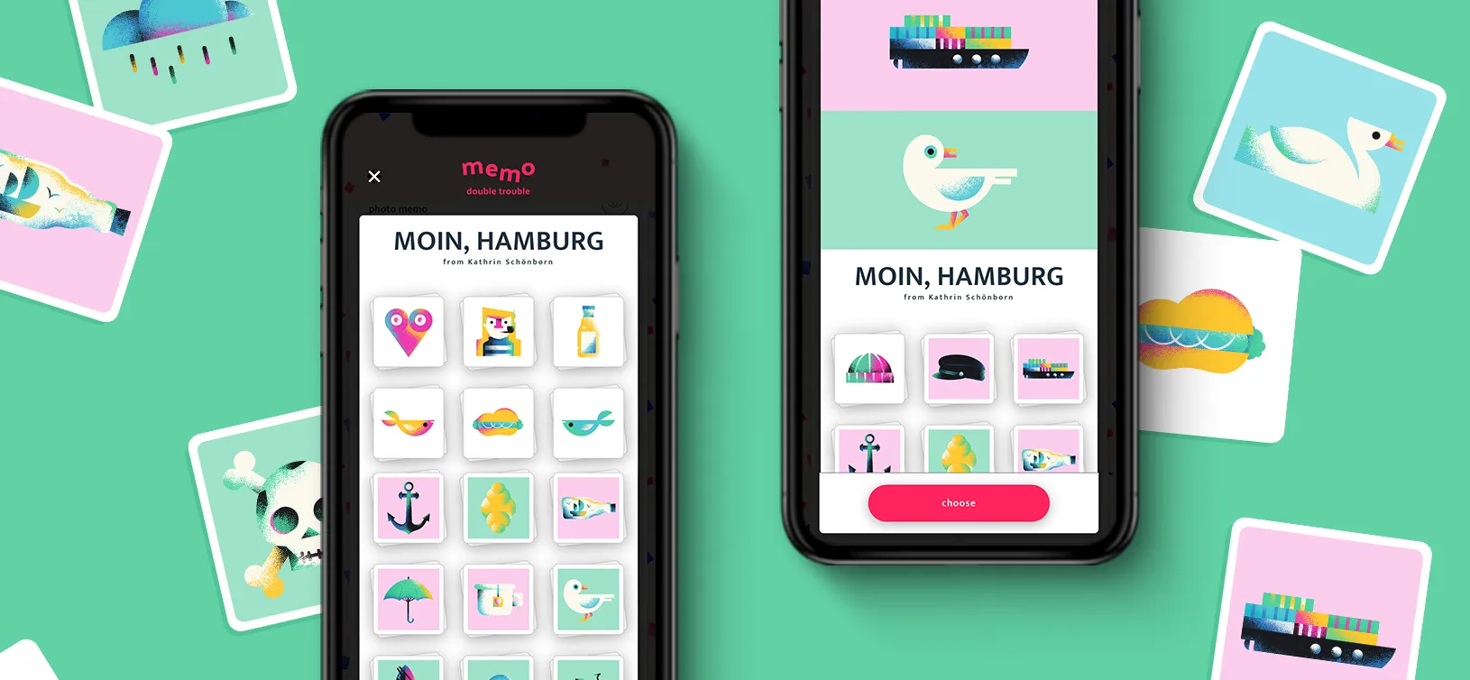Zwei Smartphones die ein Memory Spiel zeigen auf einem türkisen Hintergrund