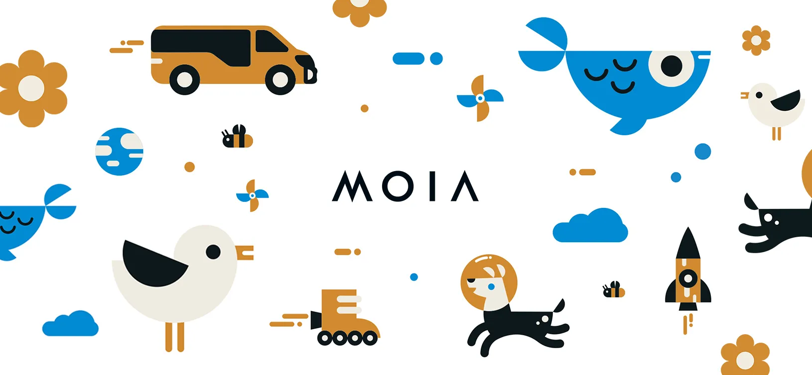 Illustrationen eines Hundes, eines Vogels, eines Autos, einer Rakete und eines Fisches auf weißem Hintergrund