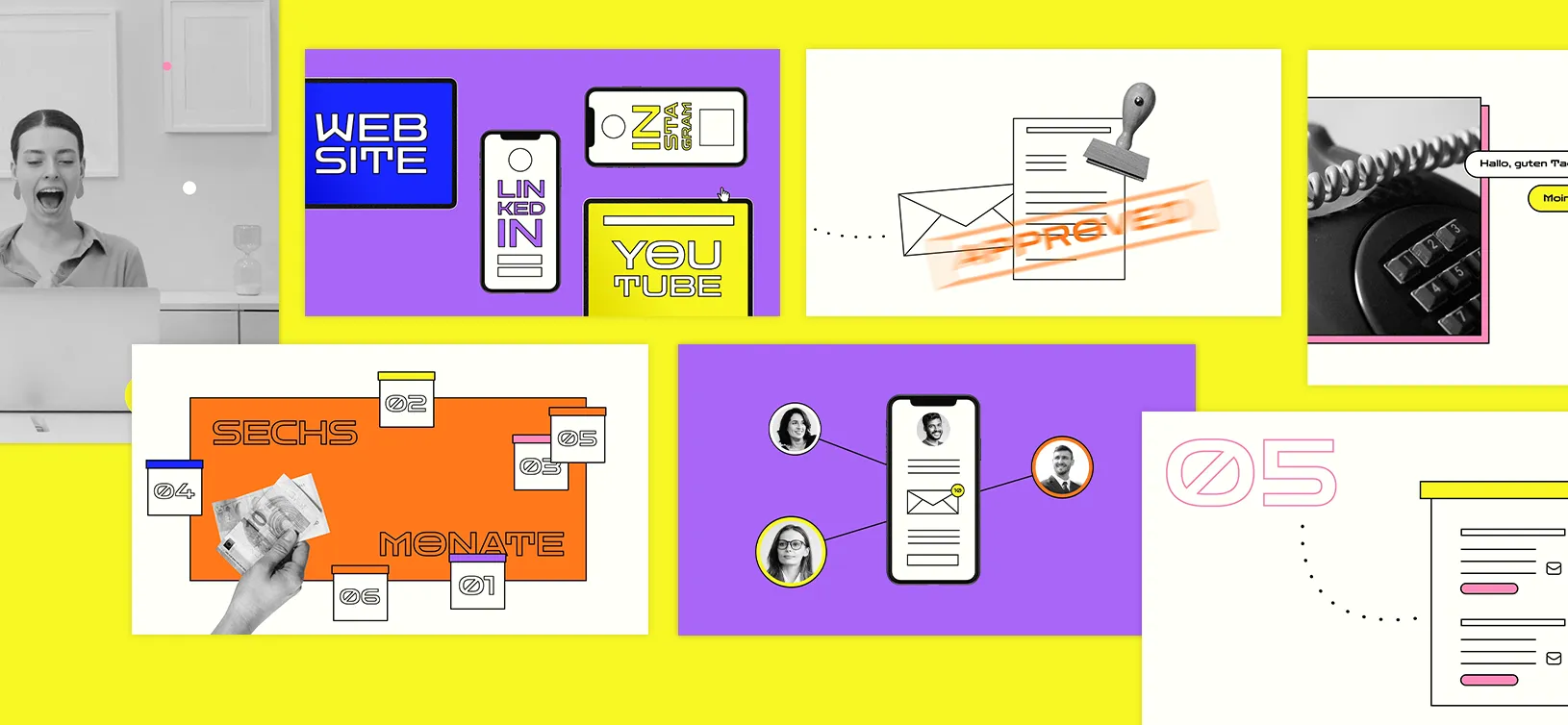 Verschiedene Szenen aus einem Erklärvideo auf gelbem Hintergrund