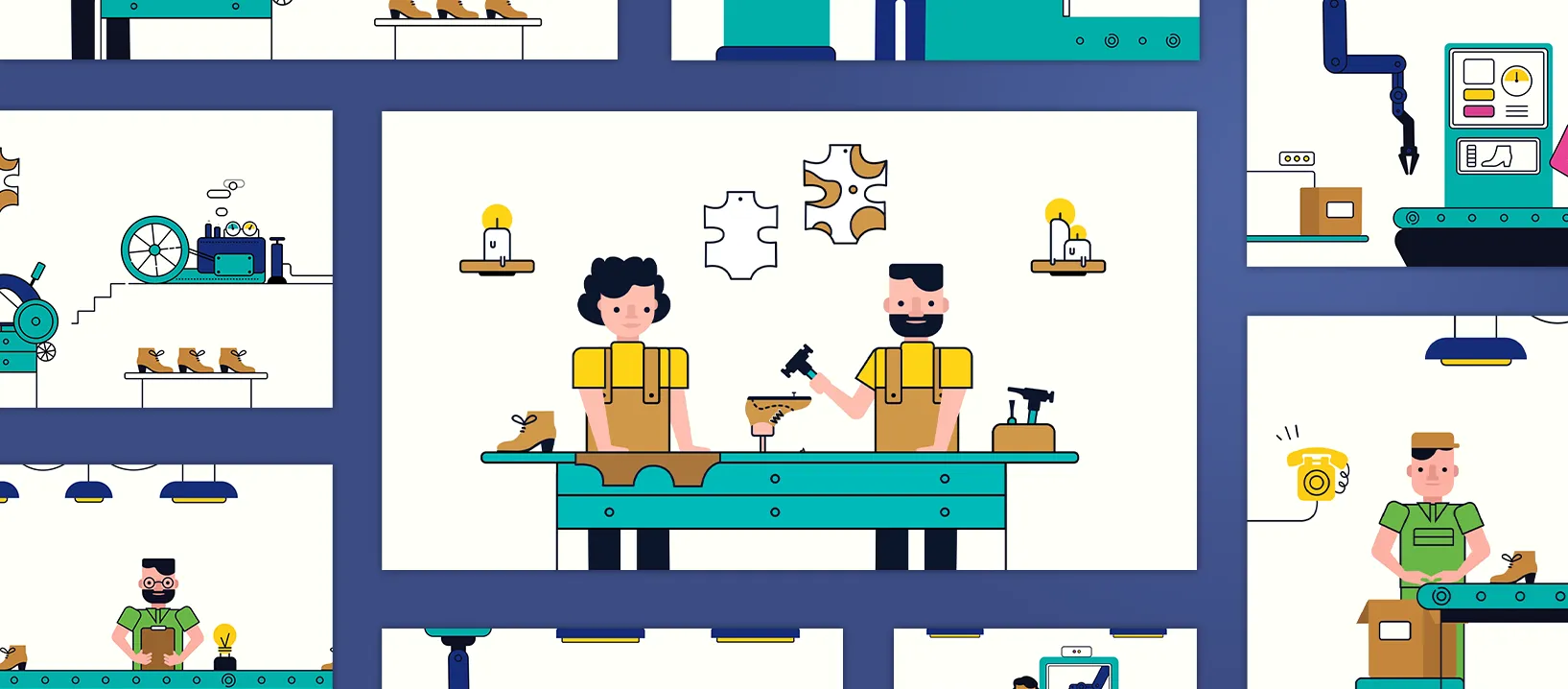 Illustrierte Szenen der Schuhherstellung