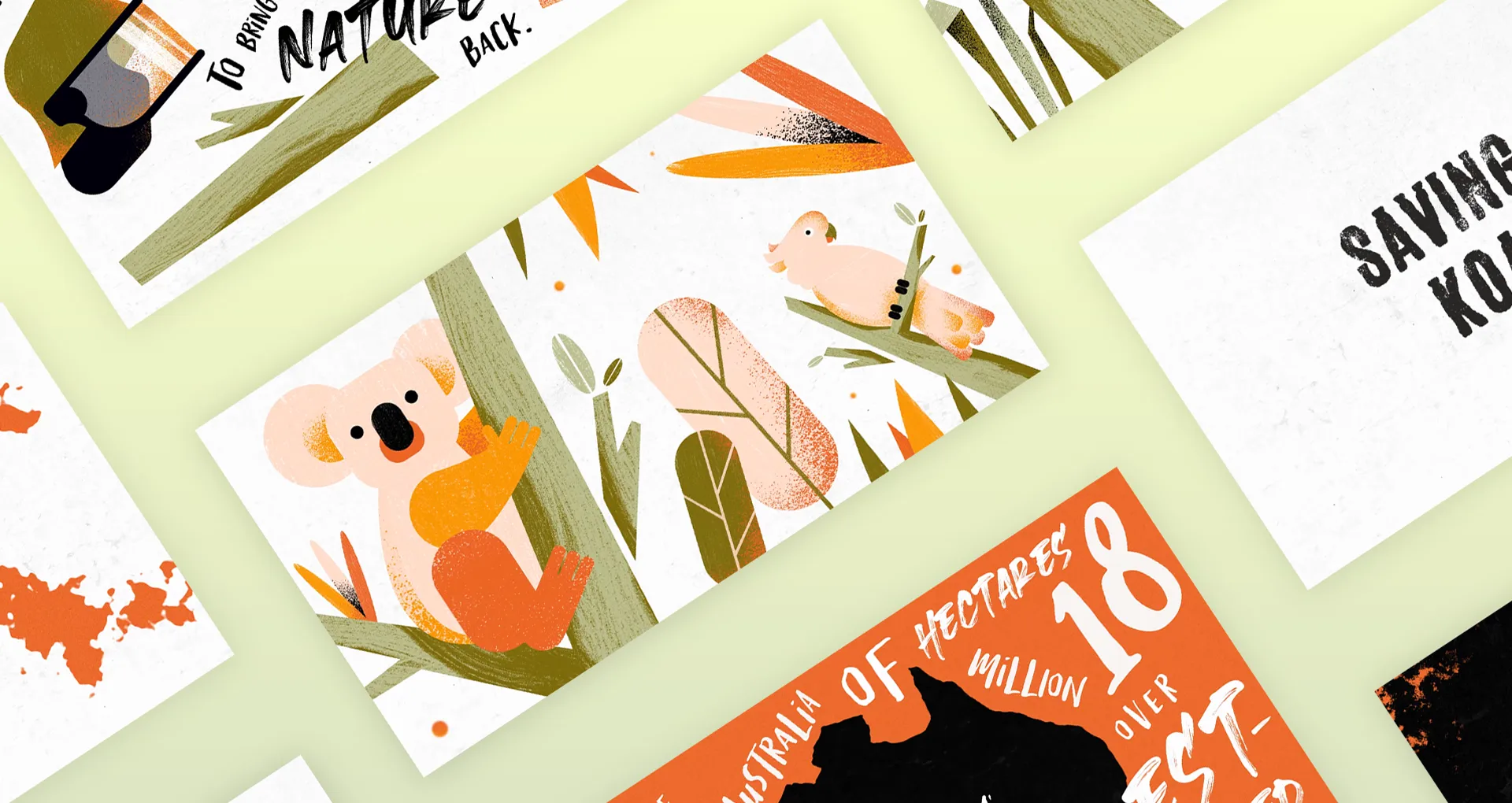 Mehrere Illustration eines Koalas, eines Vogels, Bäumen und Pflanzen