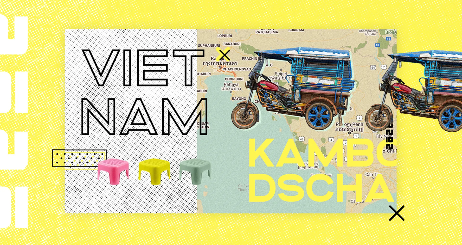 Eine Collage mit Tuk Tuks, Text und einer Landkarte